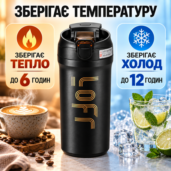 Термокухоль 600 мл з нержавіючої сталі 316 чорний, вакуумний термос з кнопкою, герметична термочашка для кави та чаю | Зображення 3