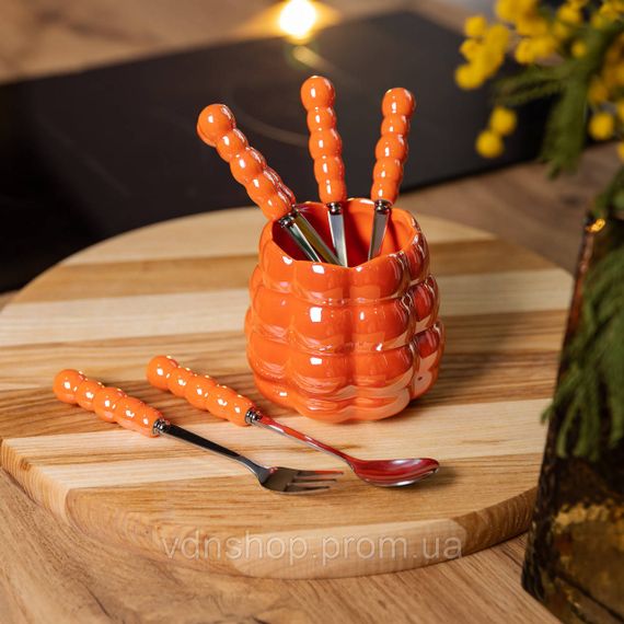 Набір десертних виделок і ложок на 3 персони з підставкою з порцелянау 7 предметів Помаранчевий HP-20-60 | Зображення 4