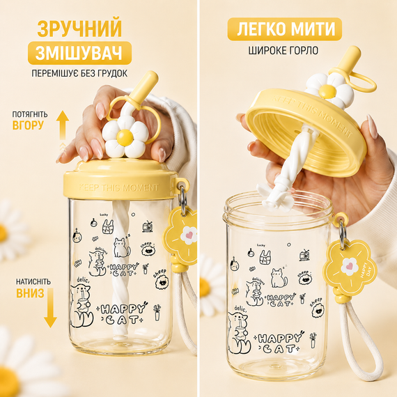 Шейкер Happy Cat 580 мл с венчиком и трубочкой для фитнеса и коктейлей желтый | Зображення 4