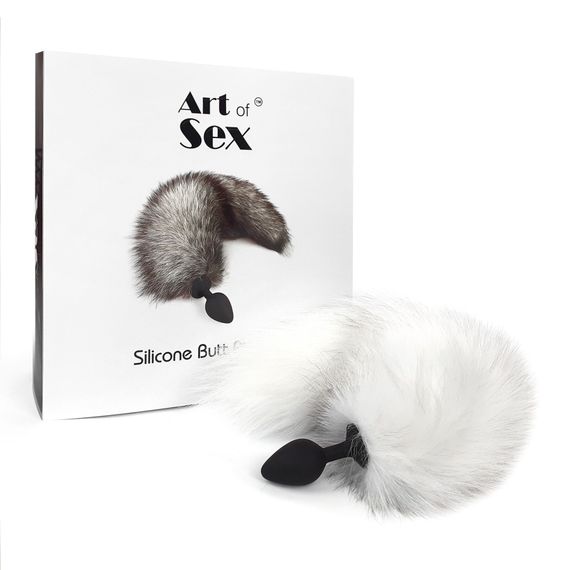 Силіконова анальна пробка з хвостом із натурального хутра Art of Sex size M White fox | Зображення 4