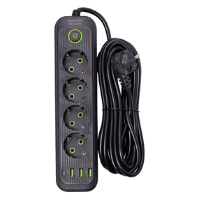 Сетевой фильтр 4.35 м удлинитель на 4 розетки с 3 USB 1 Type-C и кнопкой отключения HP-5-14