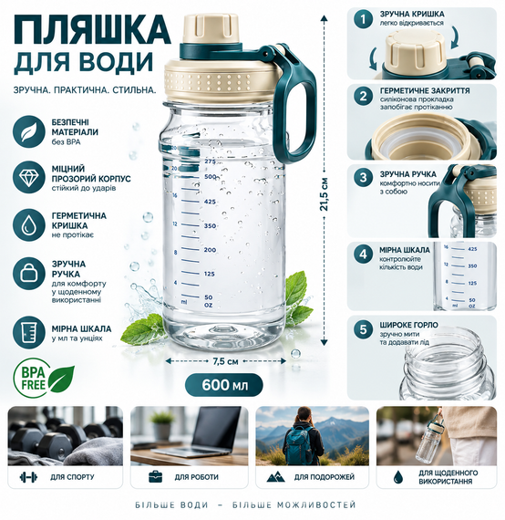 Еко-пляшка для води ENJOY 800 мл — багаторазова спортивна фляга з безпечного пластику для води, спорту та щоденного використання | Зображення 3
