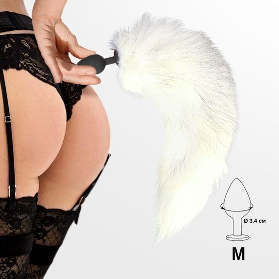 Силіконова анальна пробка з хвостом із натурального хутра Art of Sex size M White fox | Зображення 3