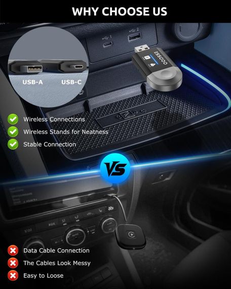 Бездротовий автомобільний адаптер CarPlay Android Auto ESSGOO 2-в-1, підтримка iOS 10+ і Android 11+, Карплей чорний | Зображення 3