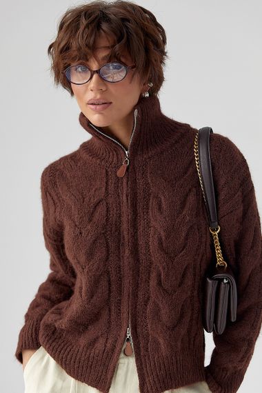 Теплий кардиган в косички на блискавці - темно-коричневий цвет, ONE SIZE (є розміри)