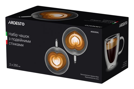 Набор чашек с ручками Ardesto с двойными стенками, 250 мл, H 9,5 см, 2 шт, боросиликатное стекло (AR2625GHL) | Зображення 1