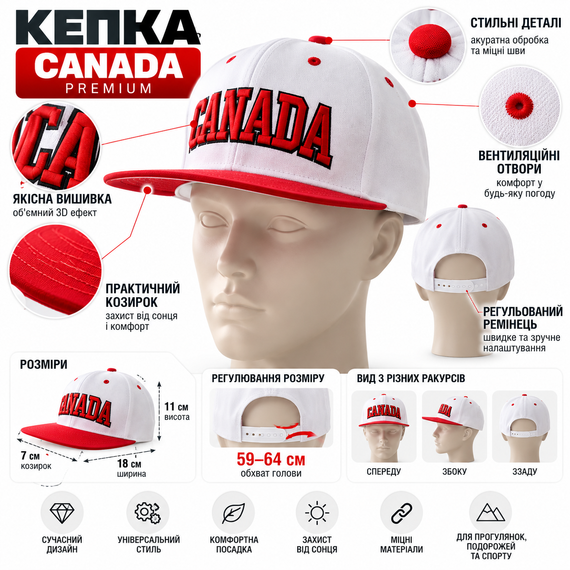 Кепка Canada Premium 59-64 універсальна з регульованим ремінцем та комфортною посадкою повсякденна бейсболка | Зображення 4