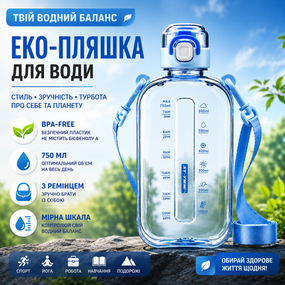 Эко-бутылка для воды 750 мл голубая, BPA-free с ремешком и мерной шкалой
