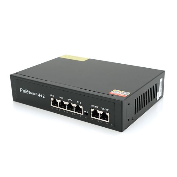 Комутатор POE 48V з 4 портами POE 100Мбит + 2 порт Ethernet (UP-Link) 100Мбит, корпус - метал, Black, БП вcтроенний, Q20