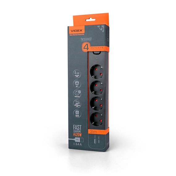 Мережевий подовжувач VIDEX ONCORD з/з 4п 3м (3x1.5мм) 3.4А USB(QC3.0) +USB-C(PD20W) з кнопкою Black