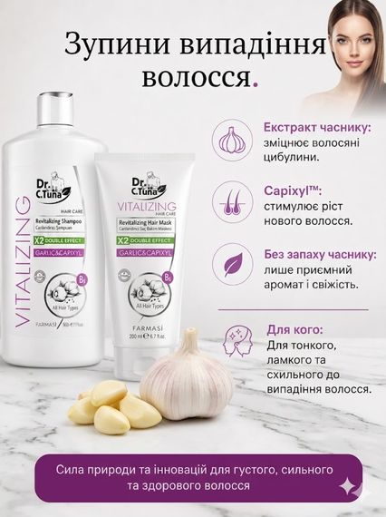 Набор против выпадения и для укрепления волос с чесноком шампунь 500 мл + маска 200 мл Farmasi Vitalizing Dr. C. Tuna | Зображення 1