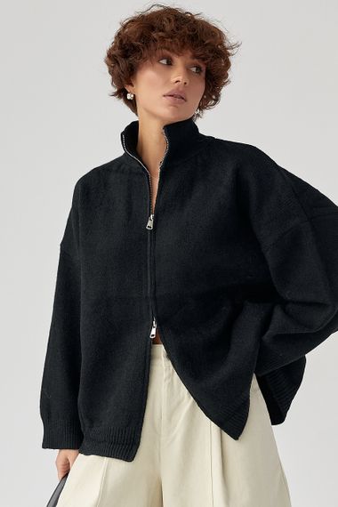 В'язаний кардиган оверсайз на блискавці - чорний цвет, ONE SIZE (є розміри) | Зображення 3