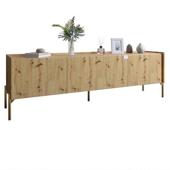 Тумба під телевізор на 3 шухляди LION Wood з золотими ніжками 160х65х40 см Дуб Артизан (LION-042992) | Зображення 1