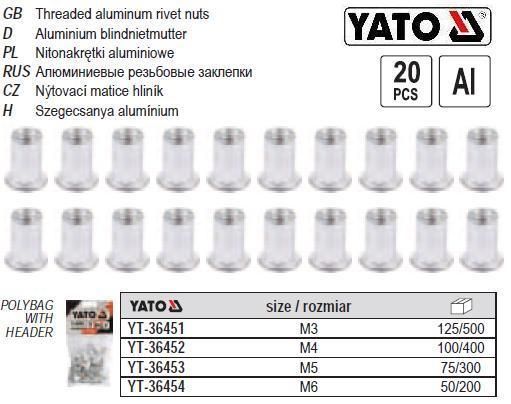 Набір нитогайка алюміній М4 l=11 мм 20 штук YT-36452