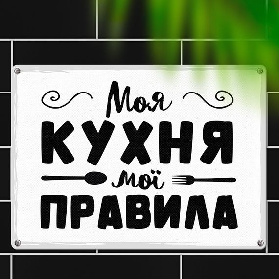 Металева табличка Моя кухня мої правила 26х18,5 см (MET_20J055_WH)