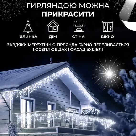 Гірлянда вулична світлодіодна 90 LED 3 метри білий дріт бахрома 18 ниток Білий 3МWW | Зображення 3