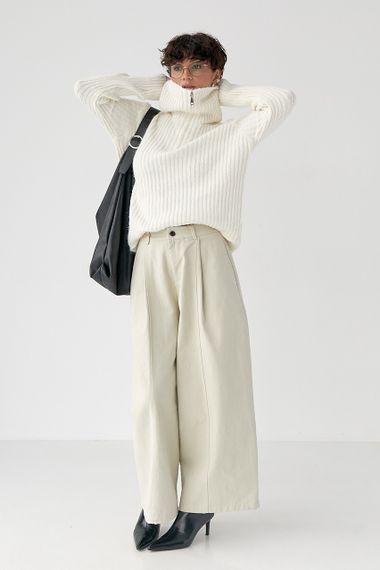 Тепла кофта в рубчик із блискавкою на комірі - молочний цвет, ONE SIZE (є розміри) | Зображення 2