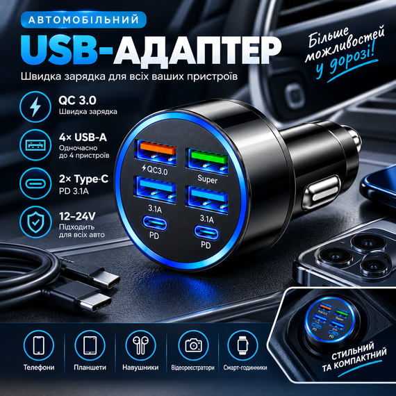 Автомобільний зарядний пристрій 6-в-1 PowerHub 100Вт (4USB + 2PD) | Зображення 8