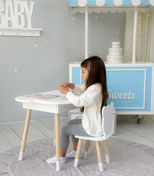 Новинка! Дитячий білий столик хмаринка з нішею і стільчик ведмедик білий 65480 | Зображення 2