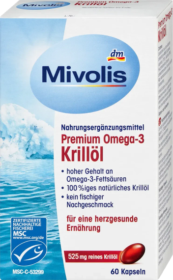 Преміальна олія антарктичного криля Mivolis Premium Omega-3 Krillöl для серця, судин та мозку, 60 капсул, Німеччина