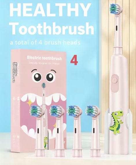 Дитяча електрична зубна щітка з 4 насадками, 3 режимами, Type-C зарядкою (водонепроникна). Рожева | Зображення 1