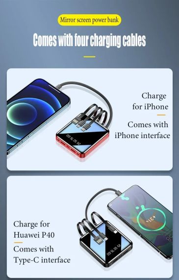 Mini Power Bank 20000mAh чотирипровідний  надшвидкий зарядний пристрій чорний | Зображення 3
