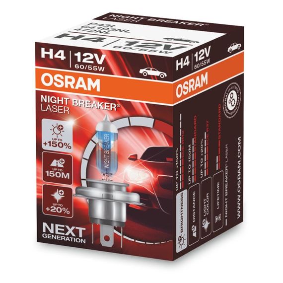 Галогеновая лампа OSRAM H4 64193NL Night Breaker LASER NG +150% 60/55W 12V P43T (1 шт) | Зображення 1