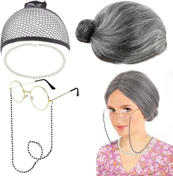 Парик седая бабушка с гулькой комплект для образа на Хэллоуин карнавал корпоратив косплей старая леди с очками