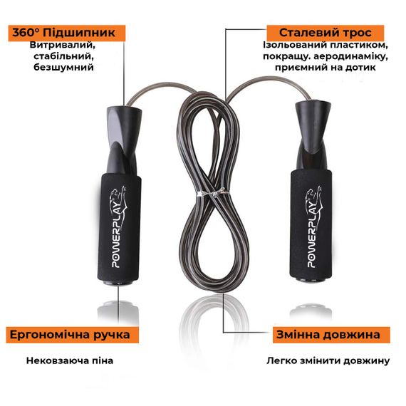 Скакалка швидкісна з підшипниками PowerPlay 4209 Sport Jump Rope Чорна (3m.) | Зображення 7