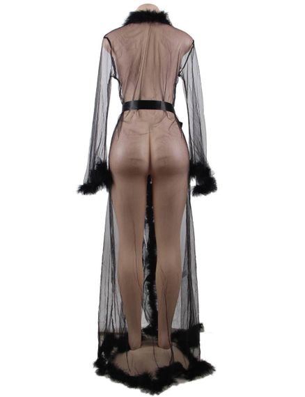 Пеньюар довгий з окантовкою хутром та атласним поясом Star Night Plush Edging чорний, XS-S | Зображення 5