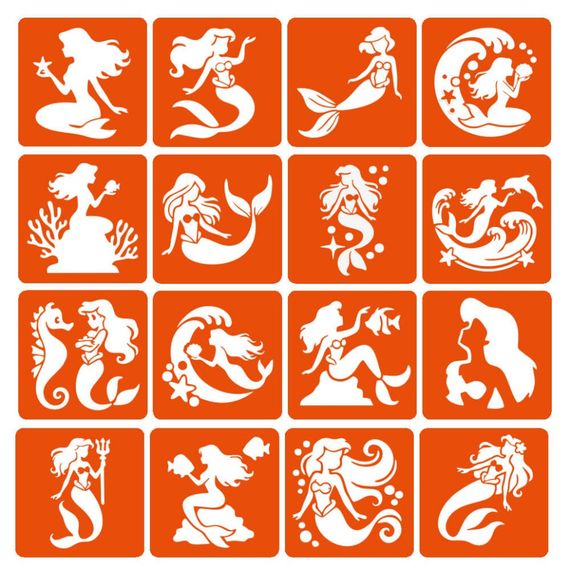 Набор трафаретов для био-тату "Русалки" mermaids-6x6-16, 16 трафаретов