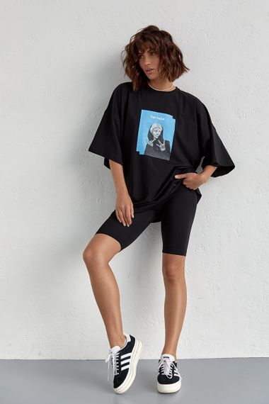 Костюм с футболкой oversize и велосипедками черный цвет S
