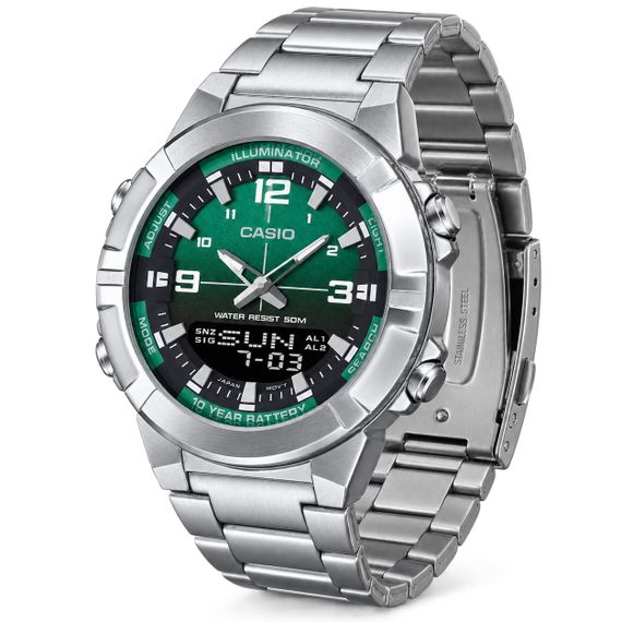 Чоловічий годинник Casio AMW-870DA-3A з зеленим циферблатом та сталевим браслетом