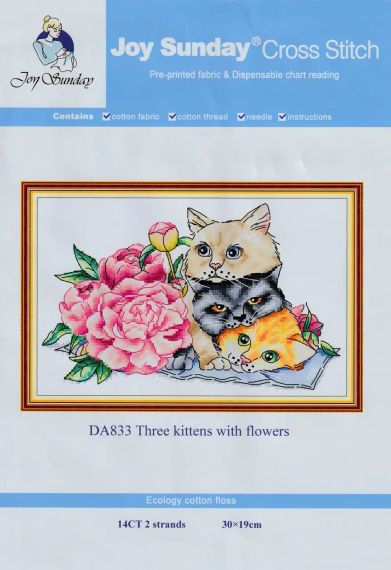 Набір для вишивання за нанесеною на канву схемою "Three kittens with flowers". AIDA 14CT printed 30*19 см | Зображення 1