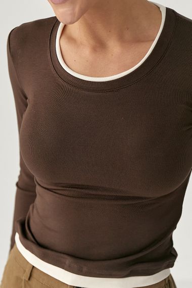 Жіночий двошаровий лонгслів - коричневий цвет, ONE SIZE (є розміри) | Зображення 3