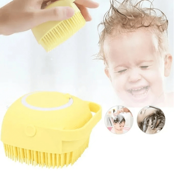 Силіконова масажна щітка мочалка для душу з дозатором Жовта