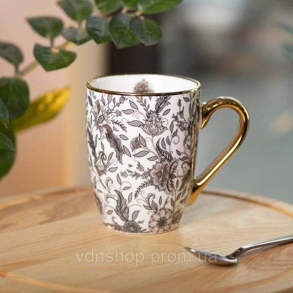 Фарфоровая чашка 400 мл с золотым ободком и золотой ручкой Серая RX-N240665G | Зображення 3