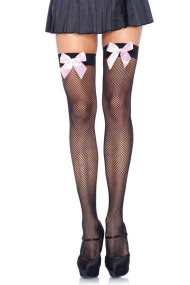 Сетчастые чулки с розовым бантом Leg Avenue Fishnet Thigh Highs With Bow One Size Черный | Зображення 1