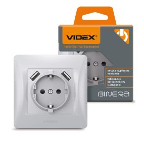 Розетка одинарна із заземленням та 2 USB срібний шовк Videx Binera