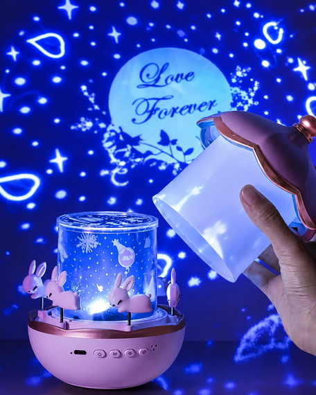 Детский ночник проектор звездного неба  Bluetooth Fairy Tale E11 аккумуляторный светильник карусель 6 сменных картинок с LED подсветкой и музыкой | Зображення 3