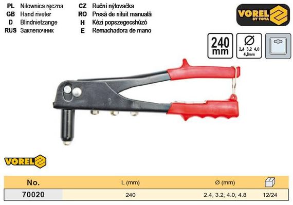 Заклепочник Польша корпус металл l=240 мм Ø=2,4/3,2/4,0/4,8 VOREL-70020