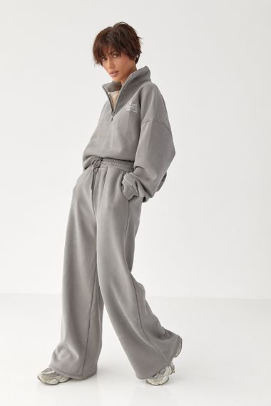 Утеплений спортивний костюм із штанами палаццо та світшотом - сірий цвет, L/XL (є розміри)