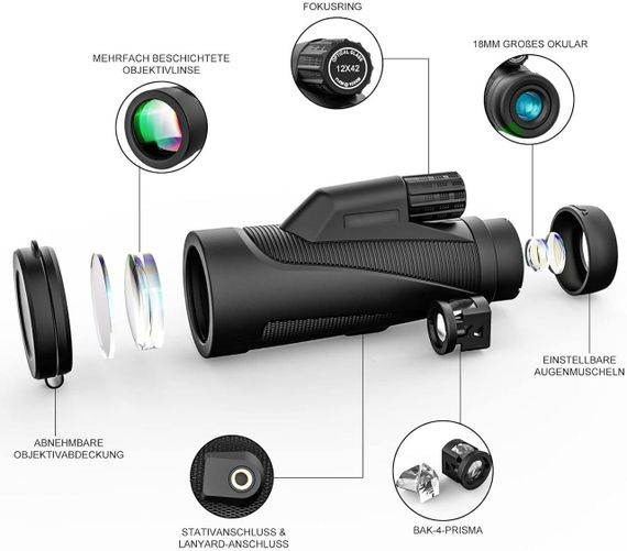 Монокулярний телескоп 12X42 для смартфонів, водонепроникний телескоп для спостереження, походів та кемпінгу | Зображення 3