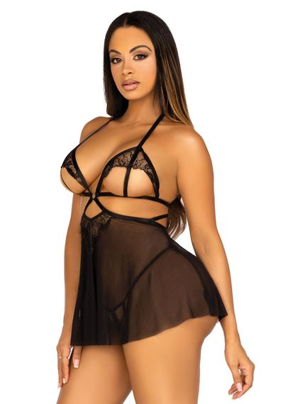 Сорочка беби-долл с открытыми чашками Leg Avenue Lace and mesh babydoll & panty Black M, стринги | Зображення 5