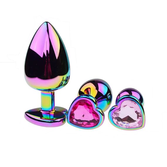 Набір металевих анальних пробок райдужного кольору з кристалами (розмір S,M,L)
