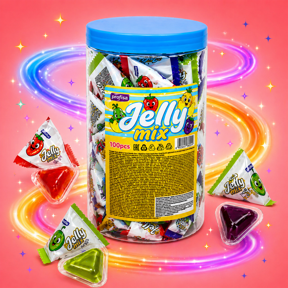 Желейні цукерки Jelly mix трикутники 100шт по 10г - фруктовий мікс - м’які жувальні в банці з ручкою