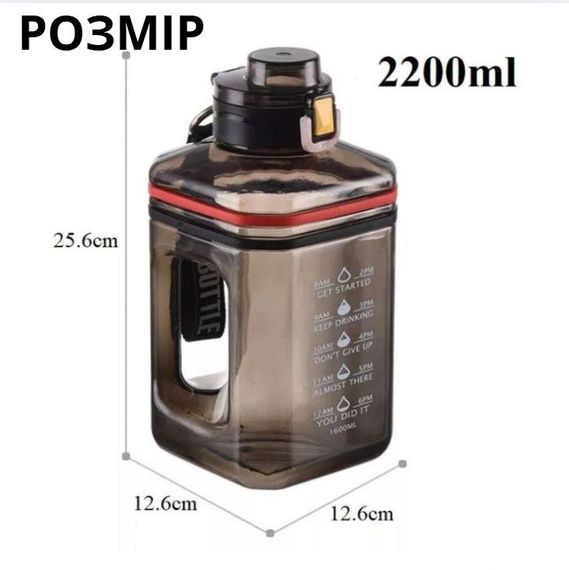 Пляшка для води 2200 мл (2.2 л) — Чорна, XL-об'єм, BPA-free матеріал для спорту та бодібілдингу | Зображення 3