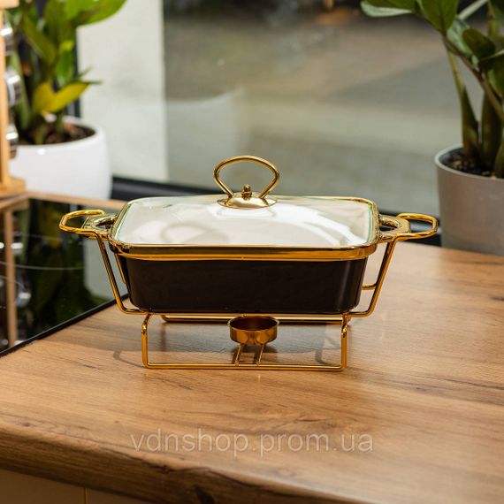 Марміт порцелянаовий із скляною кришкою 31х16х15.5 см на металевій підставці 1 л Чорний HTJ-1001 | Зображення 4