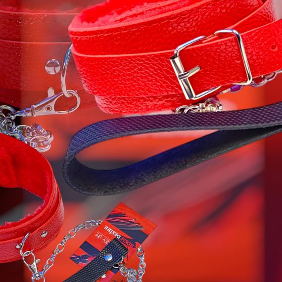 Мягкий красный ошейник "Love leash" с цепочкой-поводком и удобным черным держателем  Экокожа-металл sexstyle | Зображення 2