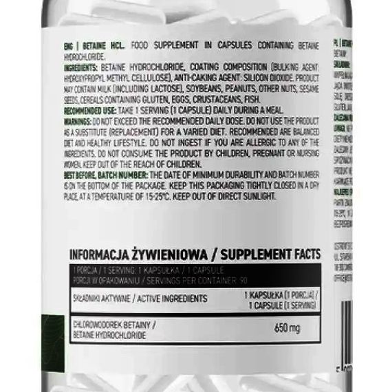 Бетаїну гідрохлорид OstroVit Betaine HCL 90 Caps | Зображення 1